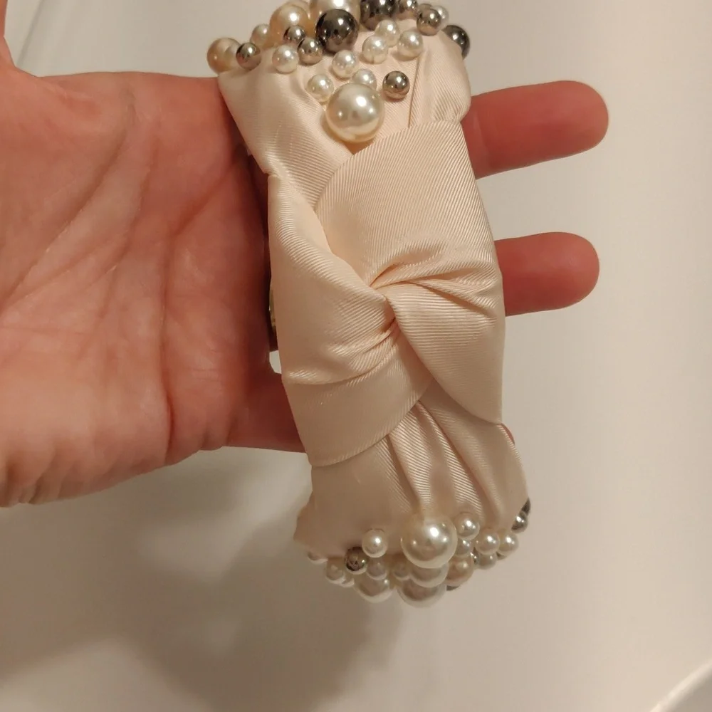 Elegant Faux Pearl-Studded Cream Headband Vintage Inspired Y2k Trendy Cottagecor